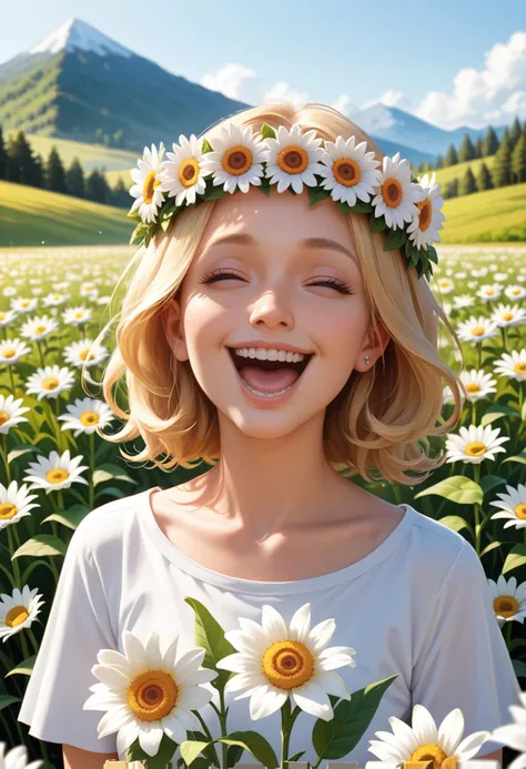 ((score_9), score_8_up, score_7_up), score_6_up, score_4_up, score_5_up, artful dreamy masterpiece, 1girl,  A woman with long, blonde hair adorned with a flower crown, a joyous laugh escaping her lips as she twirls in a field of daisies with a mountain backdrop. (portrait, closeup, anime, blonde hair, flower crown, field of flowers, daisies, mountains, twirling, laughing)