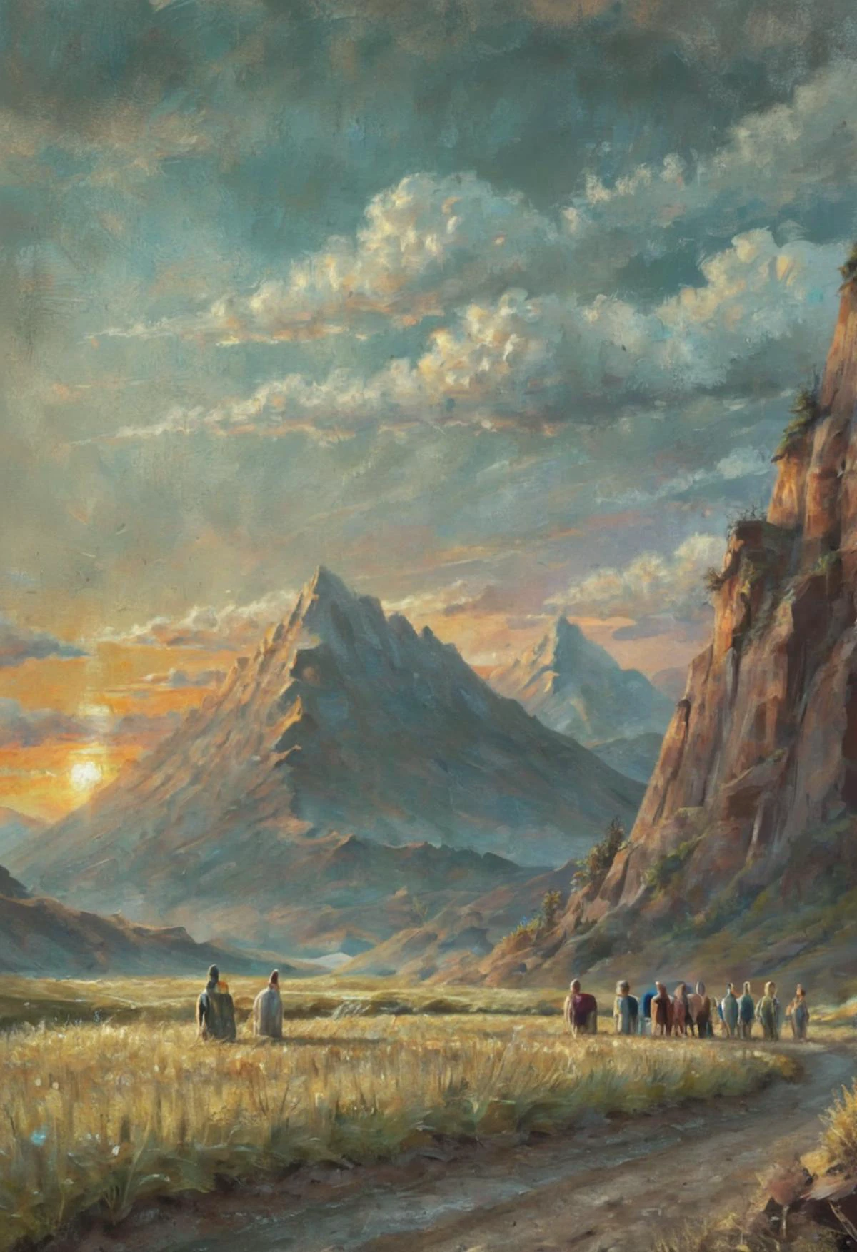 art by Tyler Walpole, 3 people
, painting, In a surreal landscape, a stunning painting depicts a woman with long curly hair and sparkling aquamarine eyes. She wears a flowing electric indigo renaissance clothing that seems to glow in the dim light of a sunset. Behind her, oil painting style, dark evening, impressionism, expressionism, bold brushstrokes, <lora:rough-oil-sat-mega-adam-e:1> <lora:EpiCPainting:1>
, painting, highly color focused, perfect composition, modified, intense, magical atmosphere, intricate