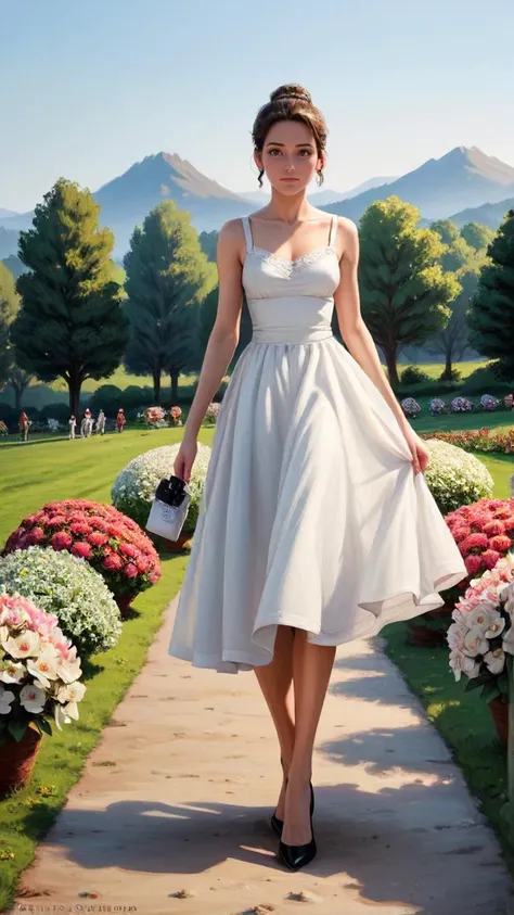 ((score_9), score_8_up, score_7_up), score_6_up, score_4_up, score_5_up, 1girl, sundress, flower bouquet, high heels, walking towards the viewer, summer meadow, oil painting, (m0n3t:1.5), <lora:m0n3tXLP:1>