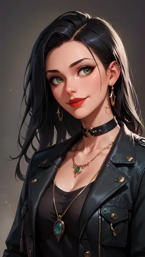 concept art, dark theme, low light, ((score_9), score_8_up, score_7_up), score_6_up, score_4_up, score_5_up, 1girl, solo, jewelry, watch, long hair, wristwatch, earrings, green eyes, necklace, black jacket, grey hair, jacket, closed mouth, upper body, looking to the side, black hair, lips, choker, hair behind ear, sketch, looking away, stud earrings, red lips, smile, makeup, <lora:sinfully_stylish_SDKL:0.8> <lora:Concept Art DarkSide Style LoRA_Pony XL v6:0.8>