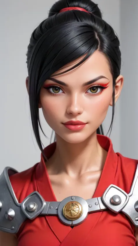 otherworldly artful masterpiece, ((score_9), score_8_up, score_7_up), score_6_up, score_4_up, score_5_up, 1girl, A close-up portrait of a fierce anime samurai with short, choppy black hair and a cybernetic eye glowing neon blue. Her remaining eye is a deep crimson, glinting with determination. She wears a high-tech samurai armor, a mix of sleek metal and traditional Japanese silk. The armor is adorned with glowing circuitry and sharp blades. A confident smirk curves her lips, showcasing a cybernetic fang.
