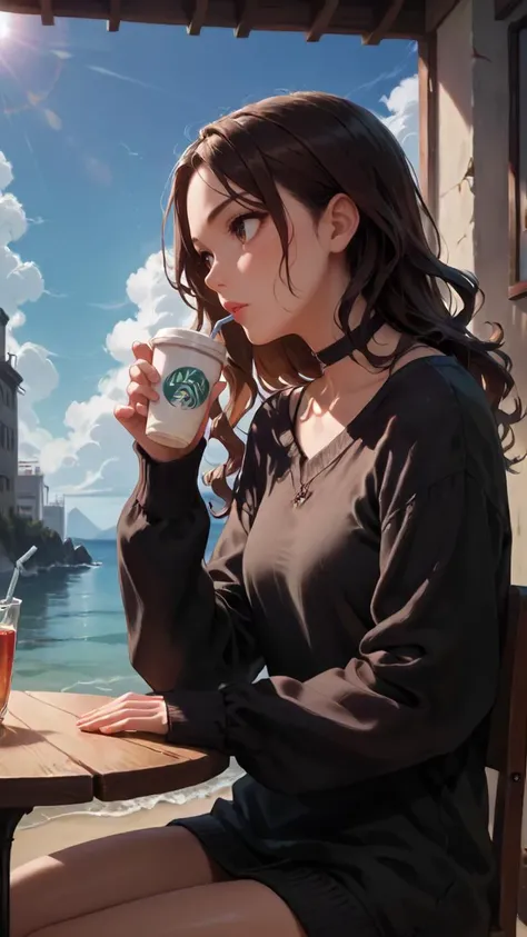 concept art, dark theme, low light, ((score_9), score_8_up, score_7_up), score_6_up, score_4_up, score_5_up, 1girl, solo, brown hair, long hair, cup, phone, brown eyes, cellphone, sitting, choker, smartphone, cloud, parted lips, sky, sweater, window, long sleeves, lips, sleeves past wrists, black choker, disposable cup, outdoors, wavy hair, table, ocean, blush, building, sunlight, day, black sweater, from side, water, cloudy sky, skyline, indoors, chair, drinking straw, looking to the side, <lora:sinfully_stylish_SDKL:0.8> <lora:Concept Art DarkSide Style LoRA_Pony XL v6:0.8>