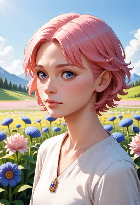 ((score_9), score_8_up, score_7_up), score_6_up, score_4_up, score_5_up, artful dreamy masterpiece, 1girl,  A woman with short, pink hair and freckles, her eyes filled with wonder as she gazes at a field of bluebells carpeting the foothills of a majestic mountain range. (portrait, closeup, anime, short hair, pink hair, freckles, field of flowers, bluebells, mountains, foothills)