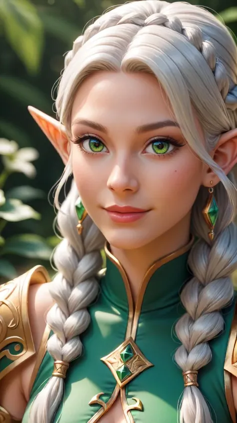 ((score_9), score_8_up, score_7_up), score_6_up, score_4_up, score_5_up, 1girl, Prompt: An anime-style closeup portrait of a beautiful elf archer with long, flowing silver hair adorned with intricate braids and sparkling gemstones. Her eyes glow with an emerald green light, and she has a mischievous smile on her lips. She wears a revealing leather armor decorated with swirling elven patterns and accented with golden filigree. A magical bow and glowing arrows rest on her shoulder.