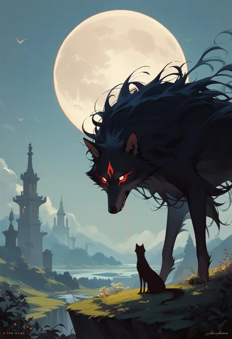 ((score_9), score_8_up, score_7_up), score_6_up, score_4_up, score_5_up,  Spirit Animal Wolf:  A landscape design featuring a silhouette of a girl howling at the moon, with a majestic wolf spirit appearing behind her.