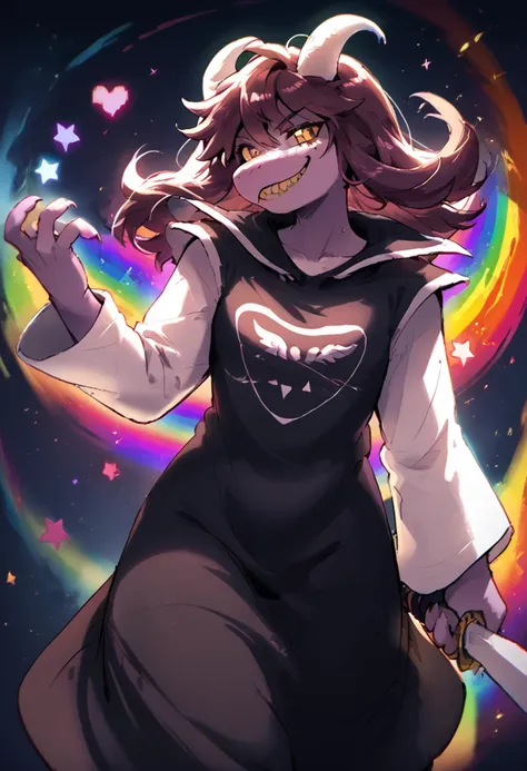 score_9 score_8_up score_7_up score_6_up score_5_up score_4_up 1girl susie susie_dr scalie anthro smile sharp teeth black robe long sleeves rainbow effect heart star symbol looking at viewer profile asrielgod holding sword <lora:Susie_-_Deltarune:1> <lora:AsrielGod:1>