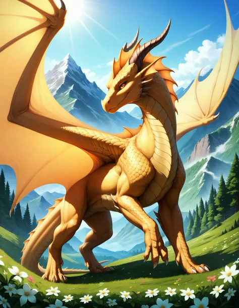 zPDXL2, (score_9,score_8_up,score_7_up), masterpiece, very aesthetic, Detailed scales, western Dragon, Golden Scales, Quadruped, Feral, wings, Detailed Background, Beautiful view of Mountains, symmetry, Fantasy, captivating details, intricate details, volumetric light, Perfect shadows, detailed eyes, dynamic pose, solo, Wallpaper, sunlight, Dynamic light, Trees, Nature, Flowers, Detailed, <lora:Male_Feral_Dragon_Concept_PonyXL:0.5>