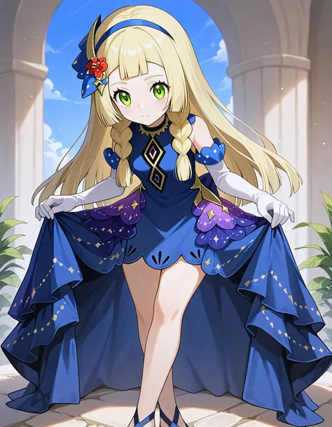 score_9, score_8_up, score_7_up, <lora:Hyper8:1> 1girl, solo,
<lora:ponyxl_character-lillie_21aniv:1> , lillie \(anniversary 2021\) \(pokemon\), twin braids, hair ornament, hair flower,blue hairband,
official alternate costume, purple blue dress, white elbow gloves,
<lora:Curtsy_skirt_hold_bowing_d16:1> , skirt hold bowing, crossed legs, leaning forward