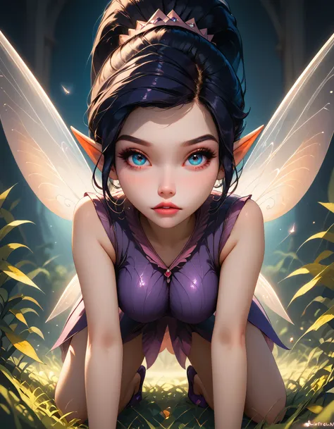 score_9_up, score_8_up, zPDXL2, intricate details, (absurd resolution), highly realistic,
cute young woman, long hair, ponytail, black hair, wings, fairy, pointy ears, fairy wings, lips, makeup, relaxed expression, impossibly large breasts, skinny, wearing purple dress, sleeveless, on all fours, looking at viewer,
abstract background, diffraction patterns, extremely tall grass,hallucination, magic aesthetic, moonlight,
dynamic angle, cinematic lighting, detailed skin texture, detailed background, volumetric lighting, subsurface scattering,
<lora:detailed_notrigger:0.65> <lora:Expressive_H:0.3> Expressiveh, <lora:MJXLP:0.8> MJ, <lora:d3t41l3dXLP:0.35> d3t41l3d, <lora:blu3sXLP:0.3> blu3s, <lora:v1d14:1> v1d14,