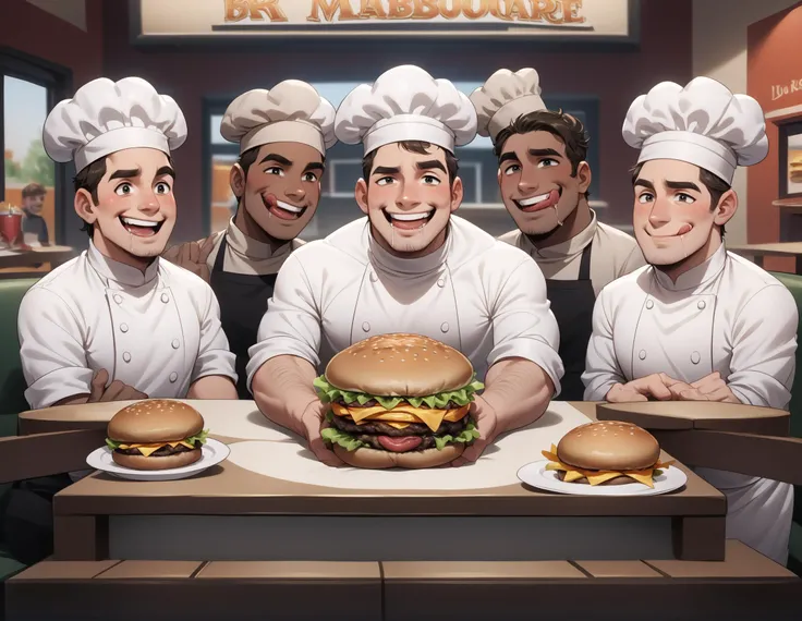 <lora:Concept_Piper_Perri_Meme_-_PDXL:1> score_9, score_8_up, score_7_up, score_6_up, score_5_up, score_4_up, piperperri_meme, 1 hamburger, stacked hamburger, looking at burger, table, surrounded, (4+boys, multiple boys:1.1), chef clothing, licking lips, big smile, restaurant, drooling, saliva drip