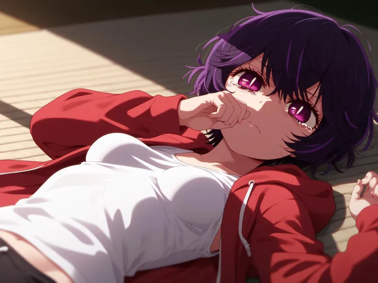 AbikoSamejima, 1girl, short hair, heterochromia, purple hair, bangs, streaked hair, shadows, messy hair, (red hoodie), open clothes, white shirt, petite, laying down, tearing up, on back, arm over face, solo, purple eyes, red face, upset, depth of field, solo, sparkling eyes, bright pupils, score_10, score_9_up, score_8_up, score_7_up, score_6_up, holding manga comic, script, athletic shorts, small breasts, <lora:AbikoSamejima-e10-v2-dadaptation:1>