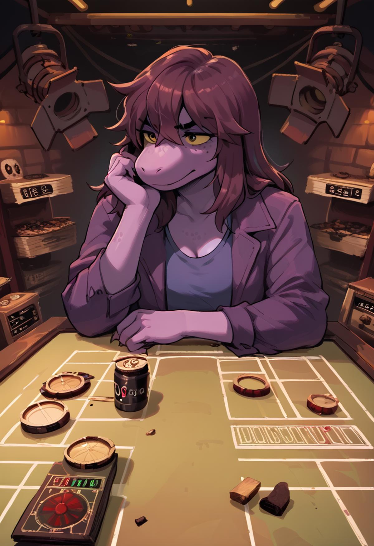 A cartoon picture of a woman sitting at a table with a book - SeaArt AI