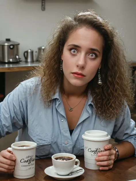 <lora:Jessie_Spano_Pony_XL:1> jspan, surrounded by large cups of coffee, caffeine pills scattered on table, wide eyed, bloodshot eyes, insomnia,