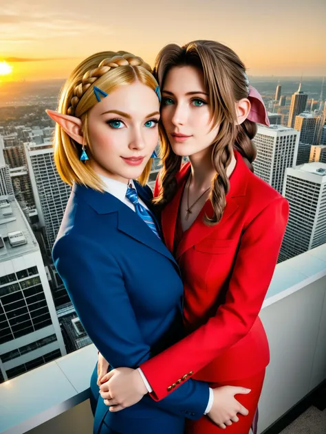 2girls, hug, business suit
, facing viewer
, skyscraper, sunset, public, top view
BREAK
zelda
BREAK
aerith
BREAK, , volumetric lighting, depth of field, cinematic shot, vibrant, detailed, dramatic light