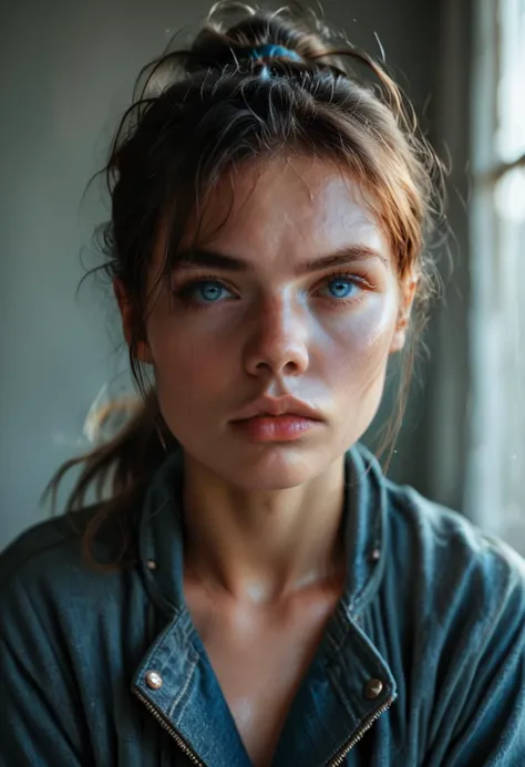 score_9,score_8_up,score_7_up,score_6_up,score_5_up,score_4_up,light theme,((((Ponytail)))),jacket,triangular face,blue eyes,portrait middle aged Scandinavian woman,pout,natural lips,photorealistic,SKIN DETAIL,