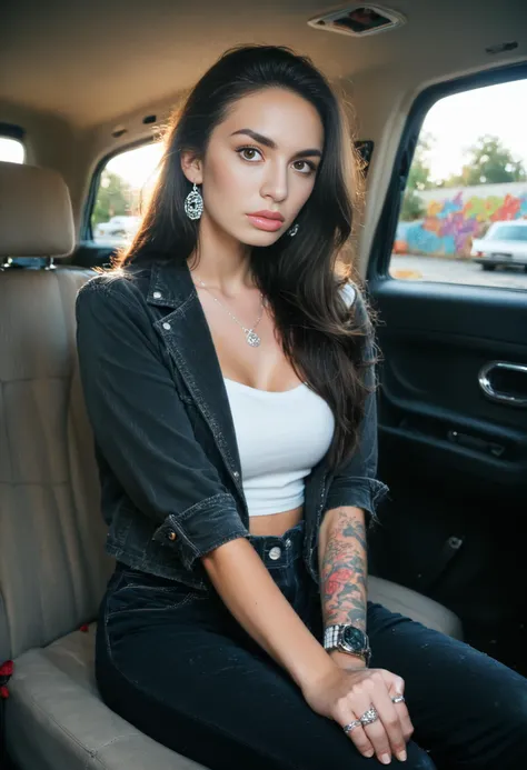 score_9, score_8_up, score_7_up, , realistic, volumetric lighting, depth of field, cinematic,
1girl, solo, long hair, looking at viewer,  black hair, brown eyes, jewelry, large breasts, sitting, earrings, necklace, lips, tattoo, black pants, jacket,  ring, denim, ground vehicle, motor vehicle, watch, realistic, nose, car, wristwatch, arm tattoo, car interior, steering wheel, light smile, backseat,  graffiti, (mascara:0.8), 
dappled sunlight,,, rosie roff,
<lora:rroff_pony_v2:1>