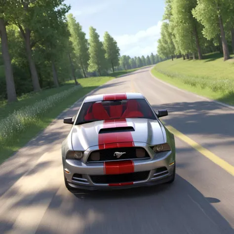 art by cc-3d,2013 ford mustang cruising on a country road, sunny day, masterpiece, high quality,