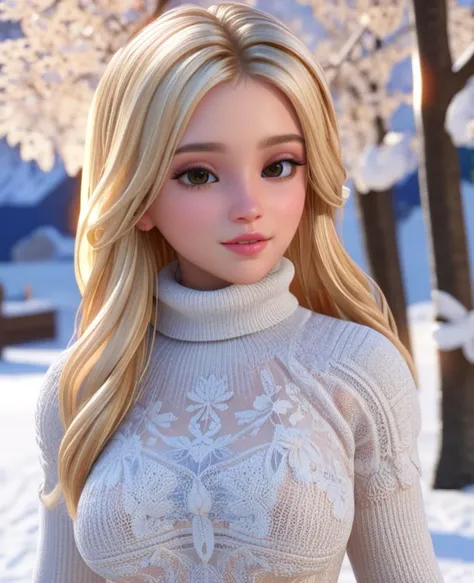 art by cc-3d, photo, 1 girl, blonde hair, winter attire, detailed skin, outdoor background, natural lighting, 8k, raw, masterpiece, great quality, intricate details, sunny