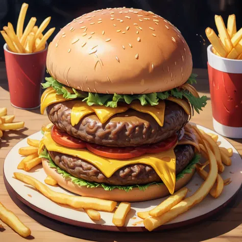 art by cc-anime,photo of a hamburger with fries