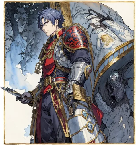 8k,4k,masterpiece, best quality, finely detail,manga,anime coloring, color, mature_male, 30yo, 1boy, dramatic angle, soldier, armor, manly, dark fantasy illustration, (ink and watercolor:1.2), (illustration), classical art:0.4, detailed, intricate, (fantasy art),