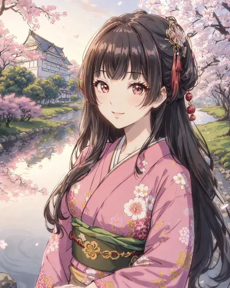 (extremely detailed CG unity 8k wallpaper), (((masterpiece))), (((best quality))), ((ultra-detailed)), (best illustration), (best shadow), ((an extremely delicate and beautiful)),anime coloring,Anime screencap,depth of field,
floating, fairyland, sea of flowers, beautiful detailed garden, ((the best building)),wind, classic, spring, (detailed light),nature, sunlight, river, forest,beautiful and delicate water,bloom, shine,
1girl, <lora:mayuzumi fuyuko:0.8:1:lbw=1,1,1,1,1,0,0,0,1,1,1,1,1,1,1,0,0>, mayuzumi fuyuko,two side up, long hair, blunt bangs, brown eyes,traditional japanese kimono\(red_violet\), ultra detailed kimono textures, adorned with delicate hair accessories, elegant and traditional Japanese style, light smile,looking at viewer,face focus,upper body,dynamic angle,