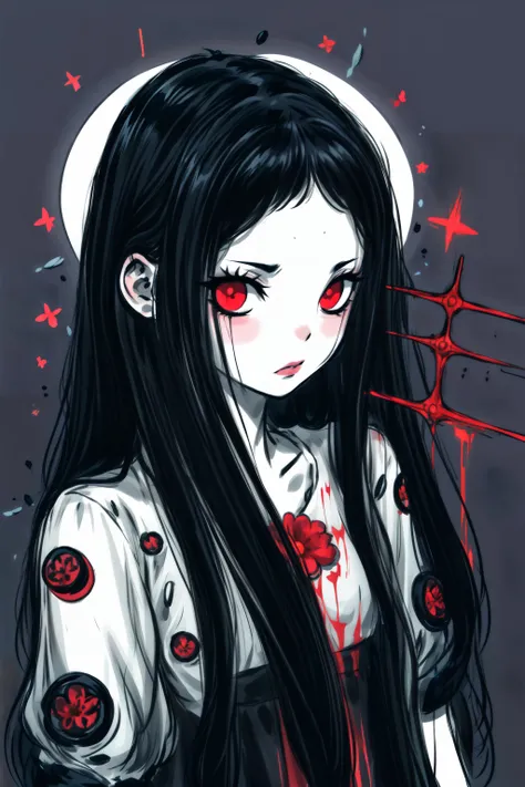 Illustration, masterpiece, Onryo, gothic clothes, long hair, short sleeves, standing, eyes radiating madness, red eyes, black hair, Dark Matter, Diabolic forces, Gothic terror, blood, pallor, insane details, intricate details, hyperdetailed <lora:add_detail:1> <lora:TheOnryo-09:0.7><lora:[LoHa] Longan竜眼 Style (With multires noise version):1.0>