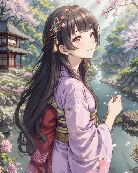 (depth of field),Anime screencap,face focus,upper body,
(extremely detailed CG unity 8k wallpaper), (((masterpiece))), (((best quality))), ((ultra-detailed)), (best illustration), (best shadow), ((an extremely delicate and beautiful)), dynamic angle, floating, fairyland, sea of flowers, beautiful detailed garden, wind, classic, spring, (detailed light), feather, nature, (sunlight), river, forest,((the best building)), beautiful and delicate water,(bloom), (shine),
1girl, <lora:mayuzumi fuyuko:0.8:1:lbw=1,1,1,1,1,0,0,0,1,1,1,1,1,1,1,0,0>, mayuzumi fuyuko,two side up, long hair,blunt bangs, brown eyes, light smile,looking at viewer,
lilac traditional japanese kimono, ultra detailed kimono textures, adorned with delicate hair accessories, elegant and traditional Japanese style