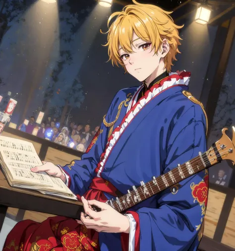 8k,4k,masterpiece, best quality, finely detail,manga,anime coloring, color, band, 1boy, music