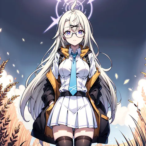 illustration, comic, anime, catoon,masterpiece, high quality best quality,8k,4k,(masterpiece)
<lora:otose_kotama:0.8>,1girl, photo background, facing viewer, ahoge, purple halo,semi-rimless eyewear, short pleated skirt, white skirt,black thighhighs, tabard, long hair, (asian), long jacket,blue tie,bangs, ((Bare breast))
backlighting, golden time,wheat field, warm color,very wide shot,