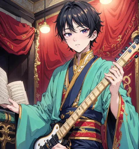 8k,4k,masterpiece, best quality, finely detail,manga,anime coloring, color, band, 1boy, music