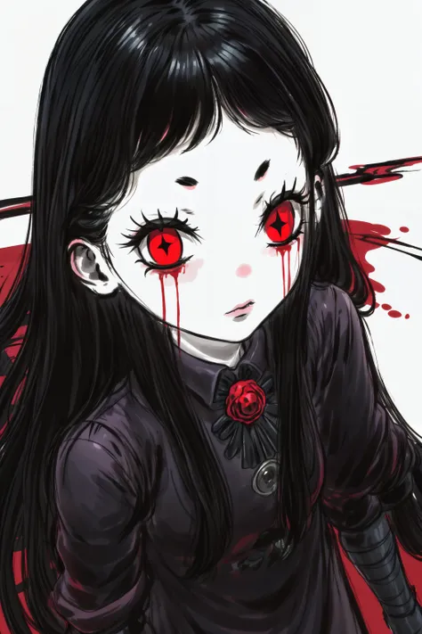 Illustration, masterpiece, Onryo, gothic clothes, long hair, short sleeves, standing, eyes radiating madness, red eyes, black hair, Dark Matter, Diabolic forces, Gothic terror, blood, pallor, insane details, intricate details, hyperdetailed <lora:add_detail:1> <lora:TheOnryo-09:0.7><lora:[LoHa] Longan竜眼 Style (With multires noise version):1.0>