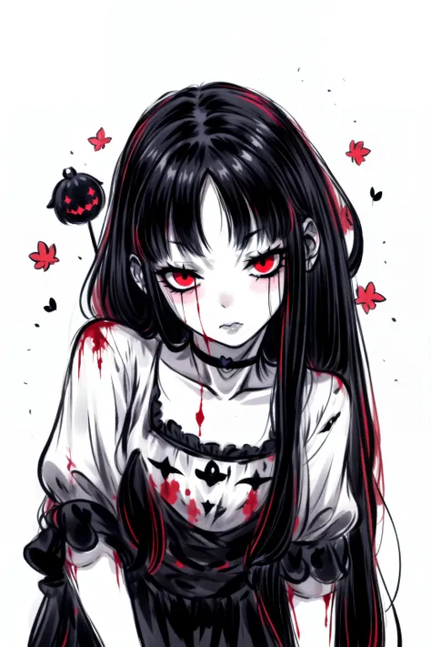 Illustration, masterpiece, Onryo, gothic clothes, long hair, short sleeves, standing, eyes radiating madness, red eyes, black hair, Dark Matter, Diabolic forces, Gothic terror, blood, pallor, insane details, intricate details, hyperdetailed <lora:add_detail:1> <lora:TheOnryo-09:0.7><lora:[LoHa] Longan竜眼 Style (With multires noise version):1.0>