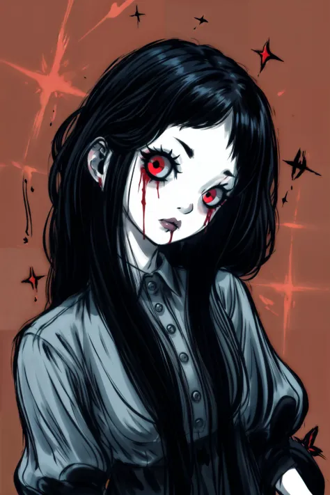 Illustration, masterpiece, Onryo, gothic clothes, long hair, short sleeves, standing, eyes radiating madness, red eyes, black hair, Dark Matter, Diabolic forces, Gothic terror, blood, pallor, insane details, intricate details, hyperdetailed <lora:add_detail:1> <lora:TheOnryo-09:0.7><lora:[LoHa] Longan竜眼 Style (With multires noise version):1.0>