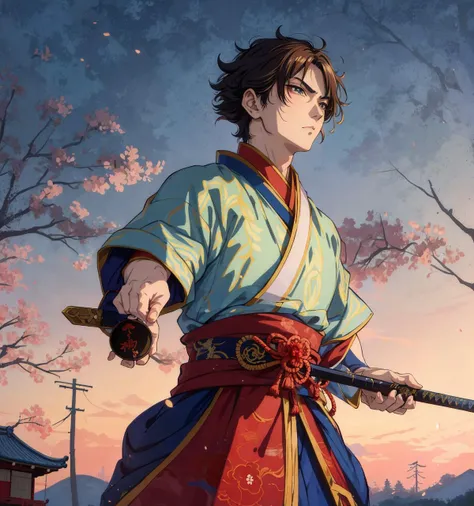 8k,4k,masterpiece, best quality, finely detail,manga,anime coloring, color, 1boy, 30yo, edo_period, samurai, police, dramatic angle,