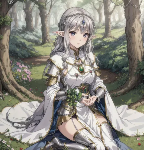 8K,4Kmasterpiece, high quality, highres,absurdres, finely detail,ray tracking,manga,anime coloring,1girl,elf,mature,chain armor,silver amulet,forest,grass,folding hands,silver hair,chain armor,white cloak,silver eyes
,art by Edward John Poynter