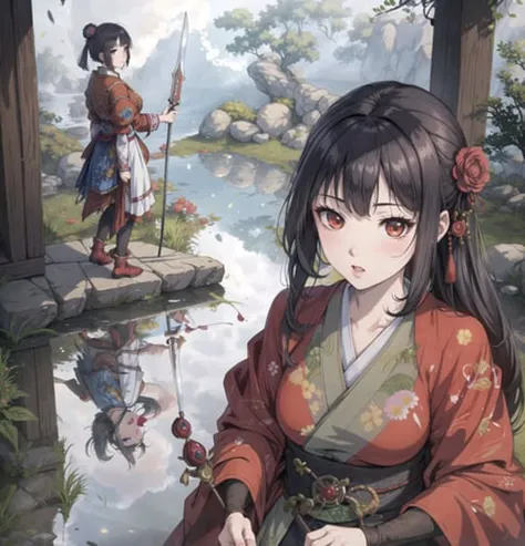 masterpiece, high quality, highres,absurdres, finely detail,ray tracking,manga,anime coloring,sekiro: shadows die twice,1girl,assassin,ice,reflection
,art by Edward John Poynter