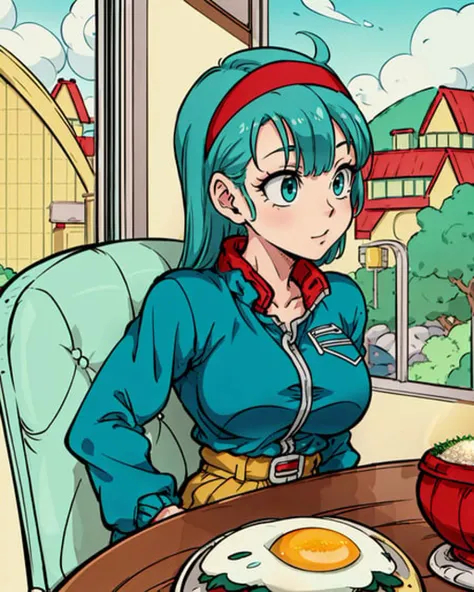 masterpiece, best quality,bulma, (tiny breasts), Windbreaker ,Low waist pants, happy, sitting on a chair at a restaurant with a table in front of her with ((fried eggs)), <lora:bulma_v1_1:0.8>, (red headband), medium hair,aqua eyes,aqua hair,arms at sides,from the front