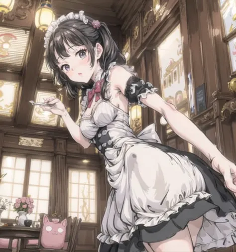 8k,4k,masterpiece, best quality, finely detail,manga,anime coloring,1girl,18yo,cute,maid,cafe shop,dramatic angle,
<lora:Moxin_10:0.3>