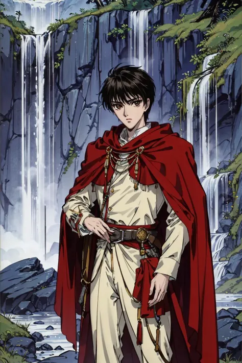 8k,4k,masterpiece, best quality, finely detail,(cowboy shot:1.2),a boy kamui standing near a waterfall at a rocky grassfield, intricate red and white adventurer clothes, red cloak, anime