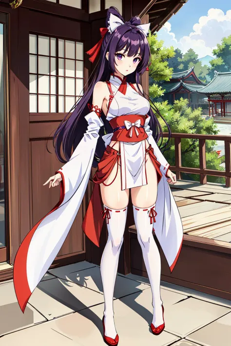 masterpiece, best quality, 1girl, solo, miko, nontraditional miko, full body, arms at side, purple eyes, white thighhighs, middle breasts, looking at viewer, ribbon, hair ribbon, wide sleeves, east asian architecture