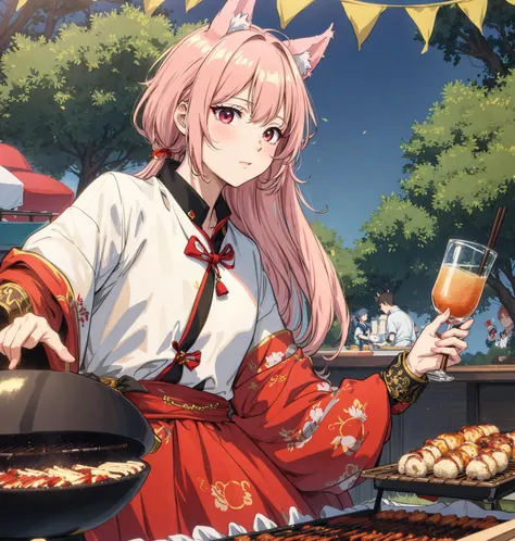 8k,4k,masterpiece, best quality, finely detail,manga,anime coloring, color, band, 1boy, barbecue, festival, 2boys1girl, drinking, animal_ears,