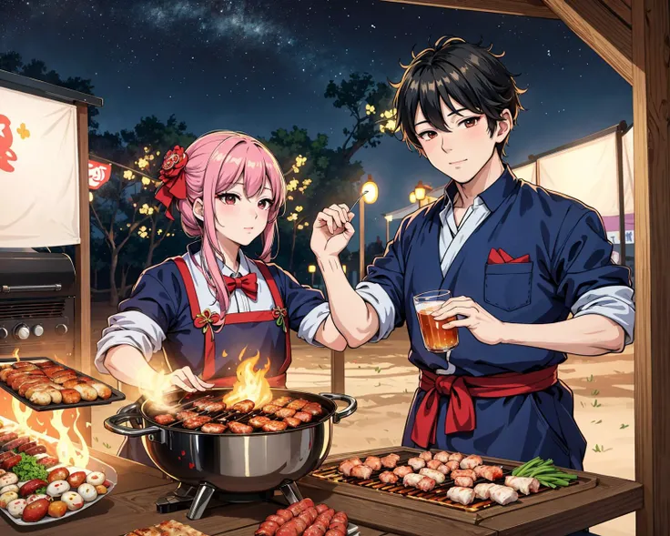 8k,4k,masterpiece, best quality, finely detail,manga,anime coloring, color, barbecue, festival, 1boy1girl, drinking, holding_hands,