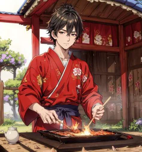 8k,4k,masterpiece, best quality, finely detail,manga,anime coloring, color, band, 1boy, samurai, barbecue