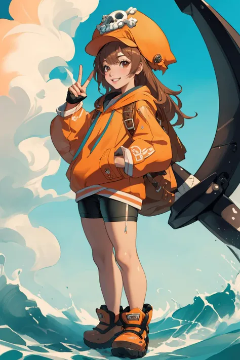 <lora:guiltygear_may:1> ggmay, orange headwear, hat, skull and crossbones, orange hoodie, bike shorts, orange footwear, fingerless gloves, backpack,grin,peace sign, ocean, anchor, outdoors, kid, (masterpiece, best quality,highres, perfect hands), masterpiece,best quality,ultra-detailed,very detailed illustrations,extremely detailed,intricate details,highres,super complex details,extremely detailed 8k cg wallpaper