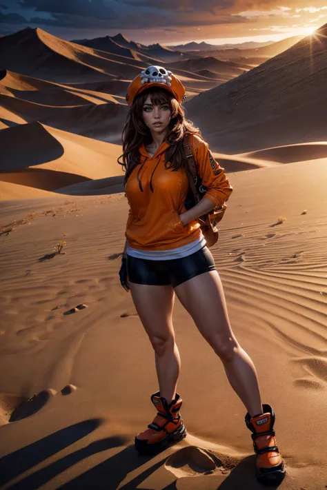 (ultra realistic,32k, masterpiece:1.2),(high detailed skin:1.1),( high quality:1.1),
<lora:guiltygear_may:0.8>ggmay, (parted lips:1.1),brown hair, brown eyes, orange headwear, hat, skull and crossbones, orange hoodie, bike shorts, orange footwear, fingerless gloves, backpack, desert, vast dunes, arid landscape, remote blurry background,,fighting stance, (huge breast,large breast:1.1),<lora:add_detail:0.8>,
(moody lighting:1.1),