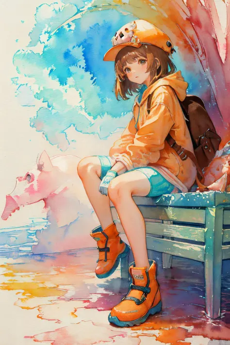 (moist paper,bright watercolor style,comfort,pastel painting illustration,concise,watercolor rendering,natural rendering,pigments mix naturally:1.3),
(white theme,bright theme,:1.3)
 <lora:guiltygear_may-10:0.8> ggmay, orange headwear, hat, skull and crossbones, orange hoodie, bike shorts, orange footwear, fingerless gloves, backpack