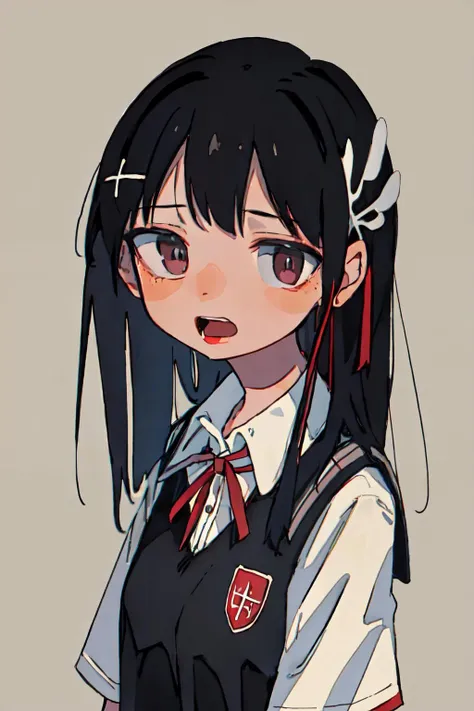 <lora:tsukumizu_style:1.1> simple background, ribbon, school uniform,hair ornament, open mouth,
(best quality, masterpiece, RAW photo,ultra-detailed:1.2), <lyco:GoodHands-beta2:1.0>,1girl,solo,looking at viewer,