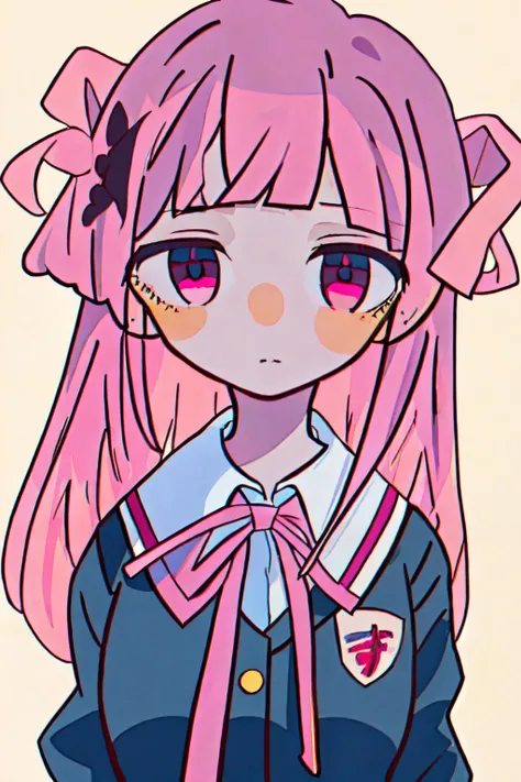 <lora:tsukumizu_style:1> simple background, ribbon, school uniform,hair ornament, pink hair,
(best quality, masterpiece, RAW photo,ultra-detailed:1.2), <lyco:GoodHands-beta2:1.0>,1girl,solo,looking at viewer,