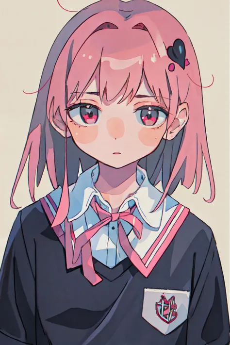 <lora:tsukumizu_style:1> simple background, ribbon, school uniform,hair ornament, pink hair,
(best quality, masterpiece, RAW photo,ultra-detailed:1.2), <lyco:GoodHands-beta2:1.0>,1girl,solo,looking at viewer,
