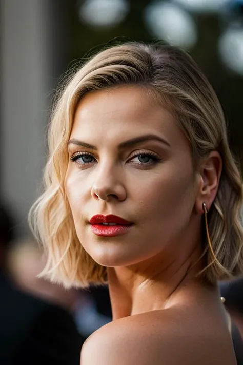 Realistic photo of a beautiful ch4rl1z3t-v21 woman,  1girl, solo, long hair, looking at viewer, blue eyes, blonde hair, jewelry, earrings, lips, makeup, lipstick, portrait, realistic, soft lighting, professional Photography, Photorealistic, detailed, RAW, analog, sharp focus, 8k, HD, DSLR, high quality, Fujifilm XT3, film grain, award winning, masterpiece<lora:ch4rl1z3t-v2:1.0>